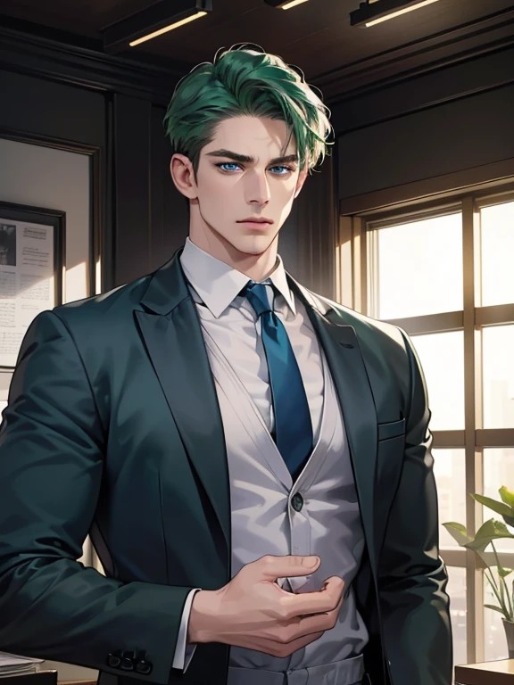 (best quality, masterpiece, 8K, photorealistic, cinematic lighting, hdr image, ultra detailed, beautiful image), 1 man, 31 years old, mature man, very handsome, (without expression, serious), short green hair, blue eyes ( penetrating gaze), imposing posture, businessman, office background