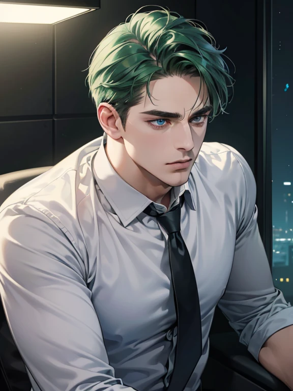 (best quality, masterpiece, 8K, photorealistic, cinematic lighting, hdr image, ultra detailed, beautiful image), 1 man, 31 years old, mature man, very handsome, (without expression, serious), short green hair, blue eyes ( penetrating gaze), imposing posture, businessman, office background