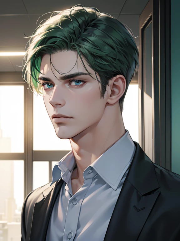 (best quality, masterpiece, 8K, photorealistic, cinematic lighting, hdr image, ultra detailed, beautiful image), 1 man, 31 years old, mature man, very handsome, (without expression, serious), short green hair, blue eyes ( penetrating gaze), imposing posture, businessman, office background