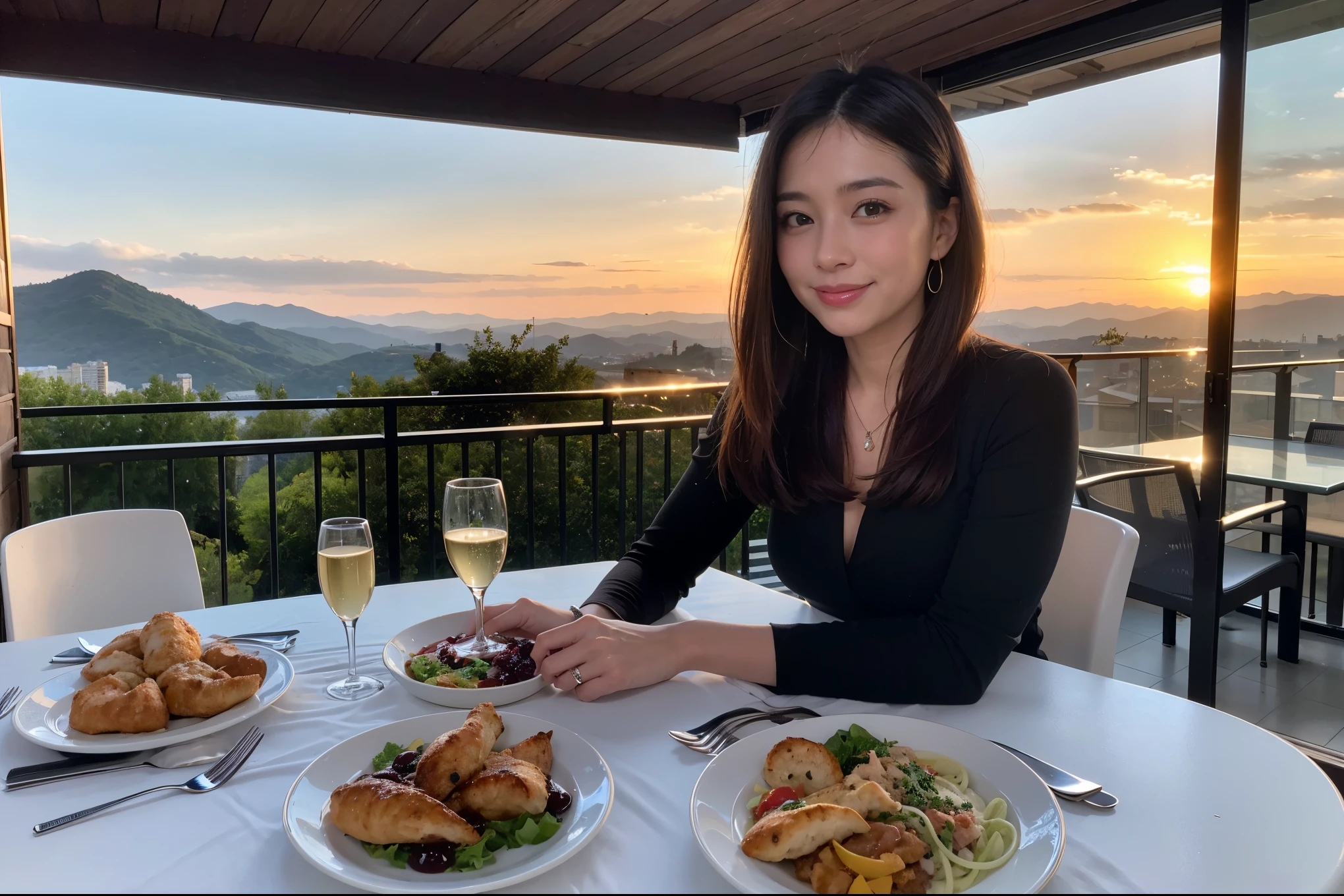 ((highest quality、8k、masterpiece:1.3))、1 male 1 female、spouse、Beautiful couple、smile、 (Slim face), (the body is スリム), (Brown Hair), (Shortcuts), ((Bob Hale、Straight hair:1.2)), Wine glass on the table、Please shine a light on my face、 Amazing view of the sunset sky and clouds、Amazing mountain views、The beauty of a smile、Bright image、Blushing, Shortcuts,Bright Face、 (42 years old), 39 years old, red wine 、Appetizers、Italian food、Wine bottle、Champagne、sparkling wine、Long sleeve shirt、dress、Attractive beauty、restaurant, Nova Frog Style, actress, model, Upper Body, White wine, red wine, wine glass,