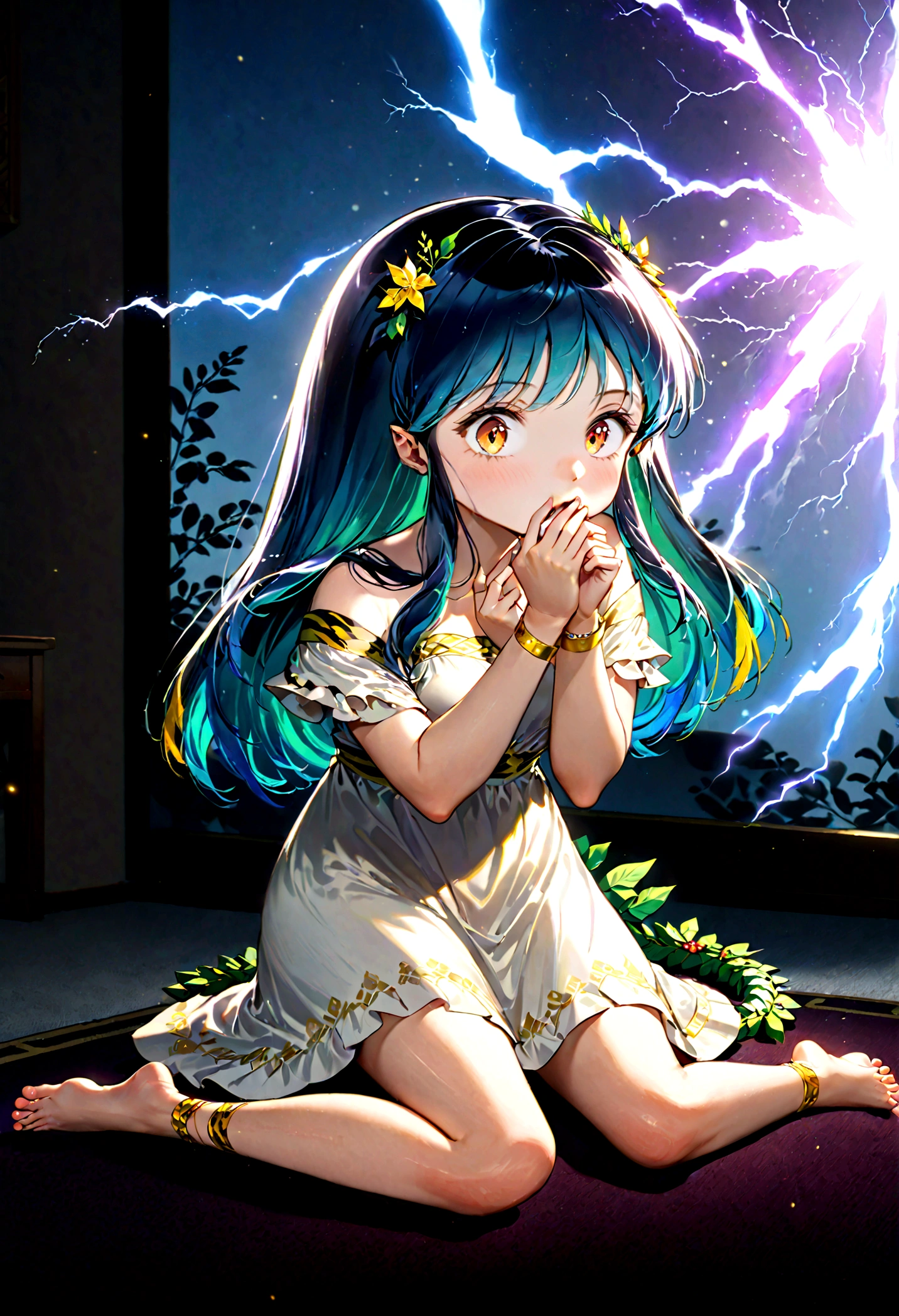 (lightning ball), ball lightning over the right palm, left hand touches mouth, left hand fingers in mouth, Lum, 1girl, greek white dress, semi-transparent dress, wreath, sitting on carpet, barefoot, leg bracelets, best quality,4k,8k,highres, masterpiece:1.2, ultra-detailed, HDR, UHD, studio lighting, ultra-fine painting, sharp focus, physically-based rendering, extreme detail description, professional, vivid colors, fantasy, digital painting, ((midnight)),