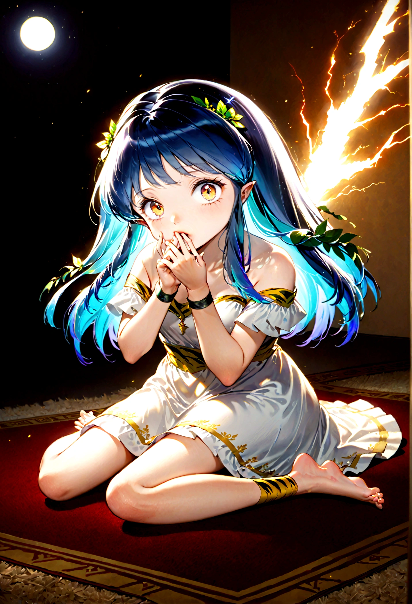 (lightning ball), ball lightning over the right palm, left hand touches mouth, left hand fingers in mouth, Lum, 1girl, greek white dress, semi-transparent dress, wreath, sitting on carpet, barefoot, leg bracelets, best quality,4k,8k,highres, masterpiece:1.2, ultra-detailed, HDR, UHD, studio lighting, ultra-fine painting, sharp focus, physically-based rendering, extreme detail description, professional, vivid colors, fantasy, digital painting, ((midnight)),