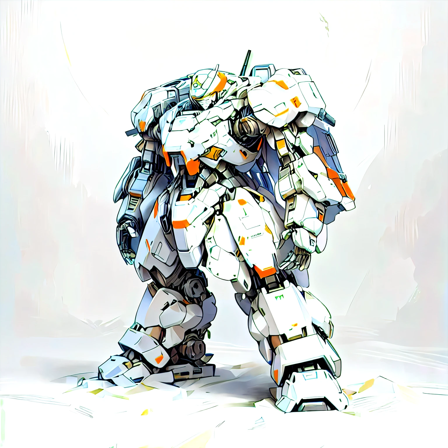 Close-up of a white and orange robot standing on a white surface, White Mecha, alexandre ferra White Mecha, Cool mecha style, Wearing white futuristic armor, Large mecha robot in anime, Armored Core-style mecha, White Mechabot, Mecha style Greek god, Amazing mecha robots, A mix of anime robots and organic matter, Streamlined white armor