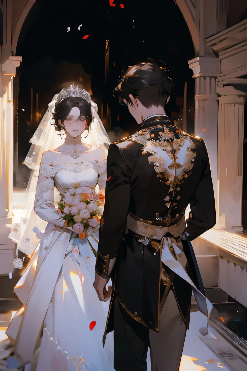 Wedding scene，The bride in a white wedding dress is walking towards me with a bouquet of flowers，Groom with his back to the camera，Black Hair，Cold expression