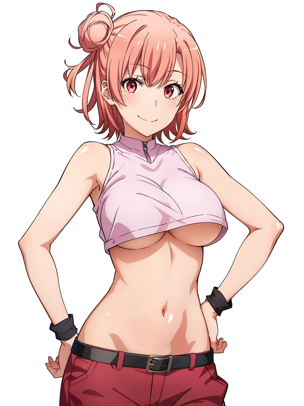 ((masutepiece, Best Quality, hight resolution, nffsw, Perfect Pixel, depth of fields, 4K, )), 1girl in, Solo, , Beautiful anime girl, Beautiful Art Style, close up, Looking at Viewer, Perfect body, Yuigahama Yui, Short hair, pink hair, hairbun, (large boob), smiling, winking, one eye open, hands on hips, blank white background, cowboy shot