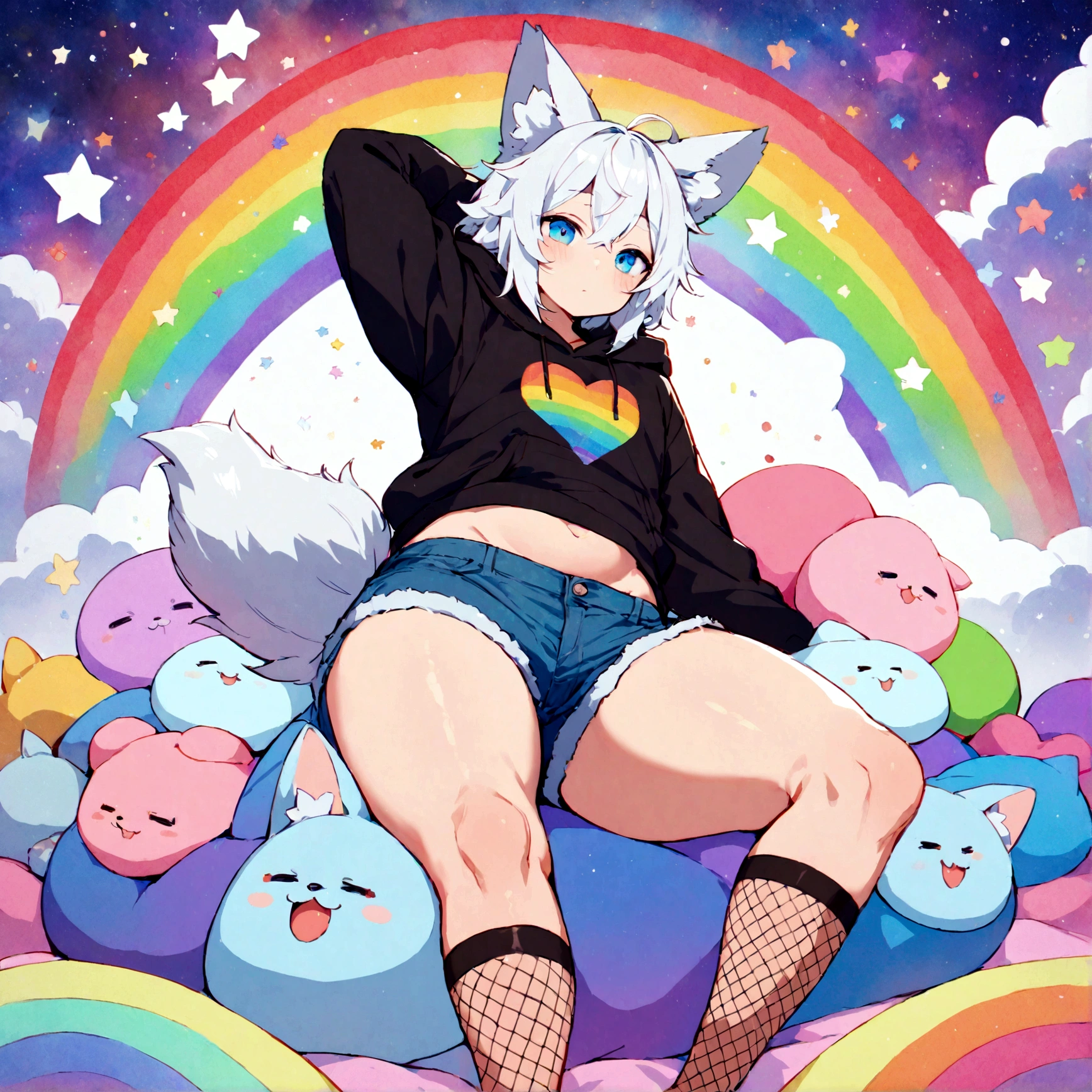 a cute adult male with wolf ears, white hair, has a wolf tail, wearing a loose cropped oversized black hoodie, wearing a pair of denim short shorts and fishnet stockings, thick thighs, wide hips, relaxing on mound of fluffy multi colored kawaii plushies, short, very slim, showing slender tummy, stretching out, heart on hoodie, squishy thighs, has glowing blue eyes. alone, solo (ALONE)(SOLO), surrounded by rainbows, colorful galaxy backround