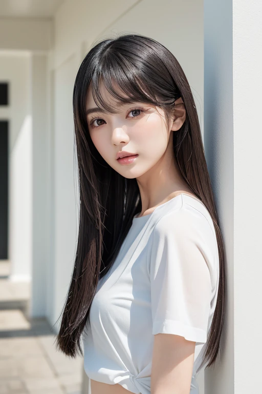 Stylish short sleeve top、Silky Hair、30-year-old woman(背景にWhite wall、Straight hair:1.4)、White wall、In front of the white door、(窓のあるWhite wallの部屋)、((highest quality、8k、masterpiece:1.3))、Ultra-high resolution、(photoGenuineistic:1.4)、RAW Photos、Japanese,(detailed aspects)、Genuine、Photographed in natural light、Highly detailed face and skin texture、Highly detailed lips、The correct state of the human body、Medium Hair、Black Hair、Mr...々stop temporarily、Natural color lip、Shiny Hair、Don'Don'Don'Don't look at the camera、profile
