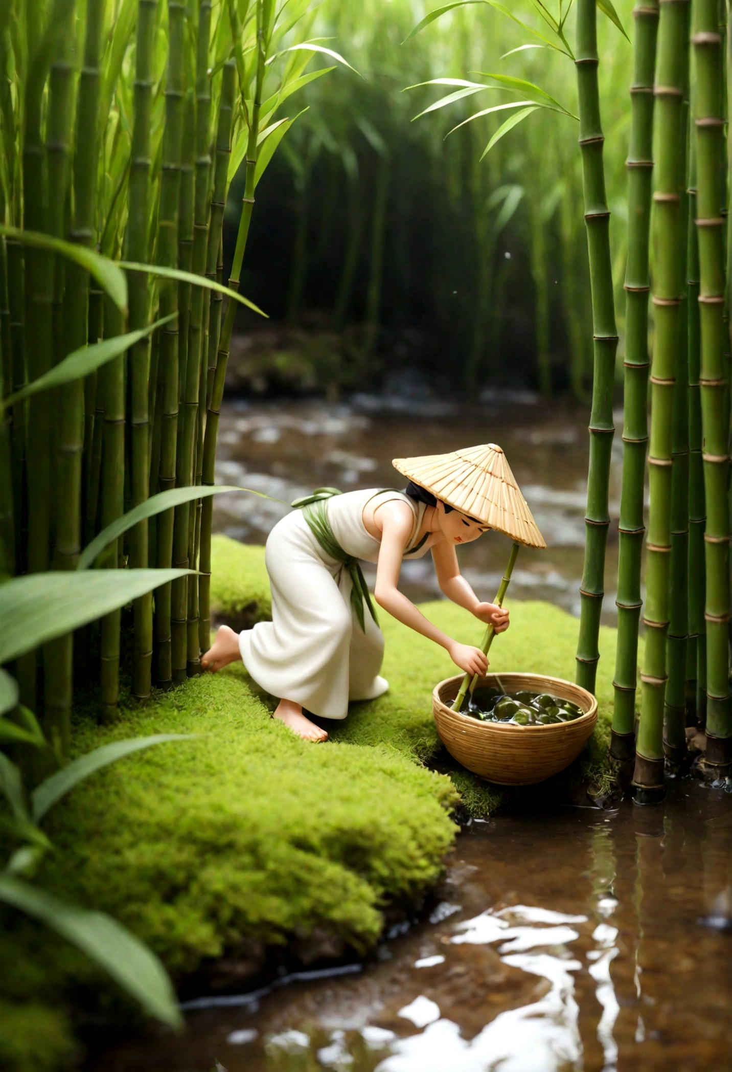 A miniature scene,A surreal miniature world created by glutinous rice dumplings and bamboo leaves,Large aperture lens,Tilt-Shift Photography,Woman washing sticky rice by the stream,Man picking bamboo leaves,Soft natural light,Fine texture,color,Tranquil atmosphere,Handcraft details。
