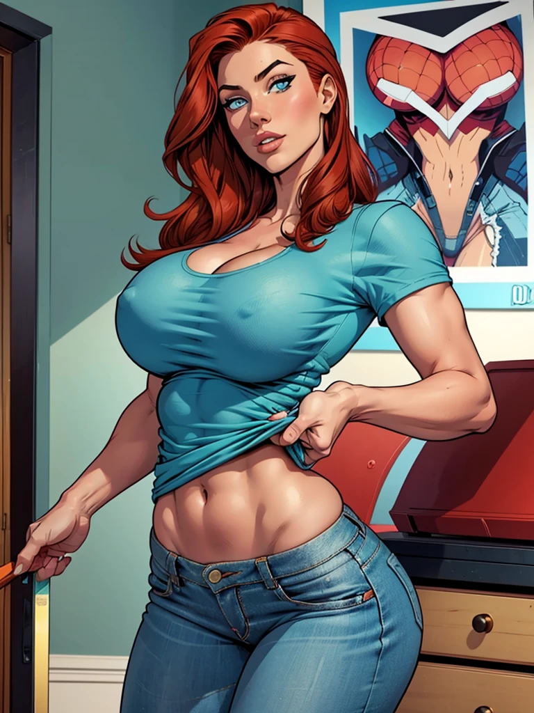 21 years old woman , long and smooth red tone hair, bright and expressive blue eyes, slim and toned figure, he opted for worn jeans, a mint color tietshirt. Busty. Booty. Comic style. Marvel comics