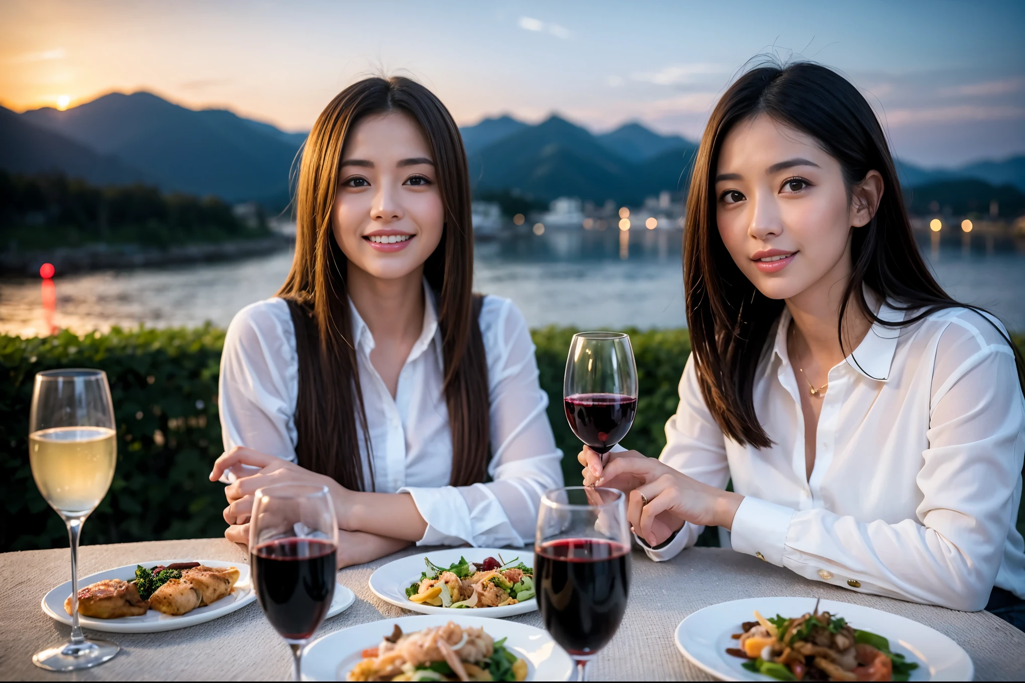 ((highest quality、8k、masterpiece:1.3))、1 male 1 female、A lover who resembles Satomi Ishihara、Beautiful couple、smile、full-course dinner、 (Slim face), (the body is スリム), (Brown Hair), (Shortcuts), ((Bob Hale、Straight hair:1.2)), テーブルの上のwine glass、Please shine a light on my face、 Amazing view of the sunset sky and clouds、Amazing mountain views、smileの美しさ、Bright image、Blushing, Shortcuts,Bright Face、 (42 years old), 39 years old, red wine 、Appetizers、Italian food、Wine bottle、Champagne、sparkling wine、Long sleeve shirt、dress、Attractive beauty、restaurant, Nova Frog Style, actress, model, Upper Body, White wine, red wine, wine glass, 