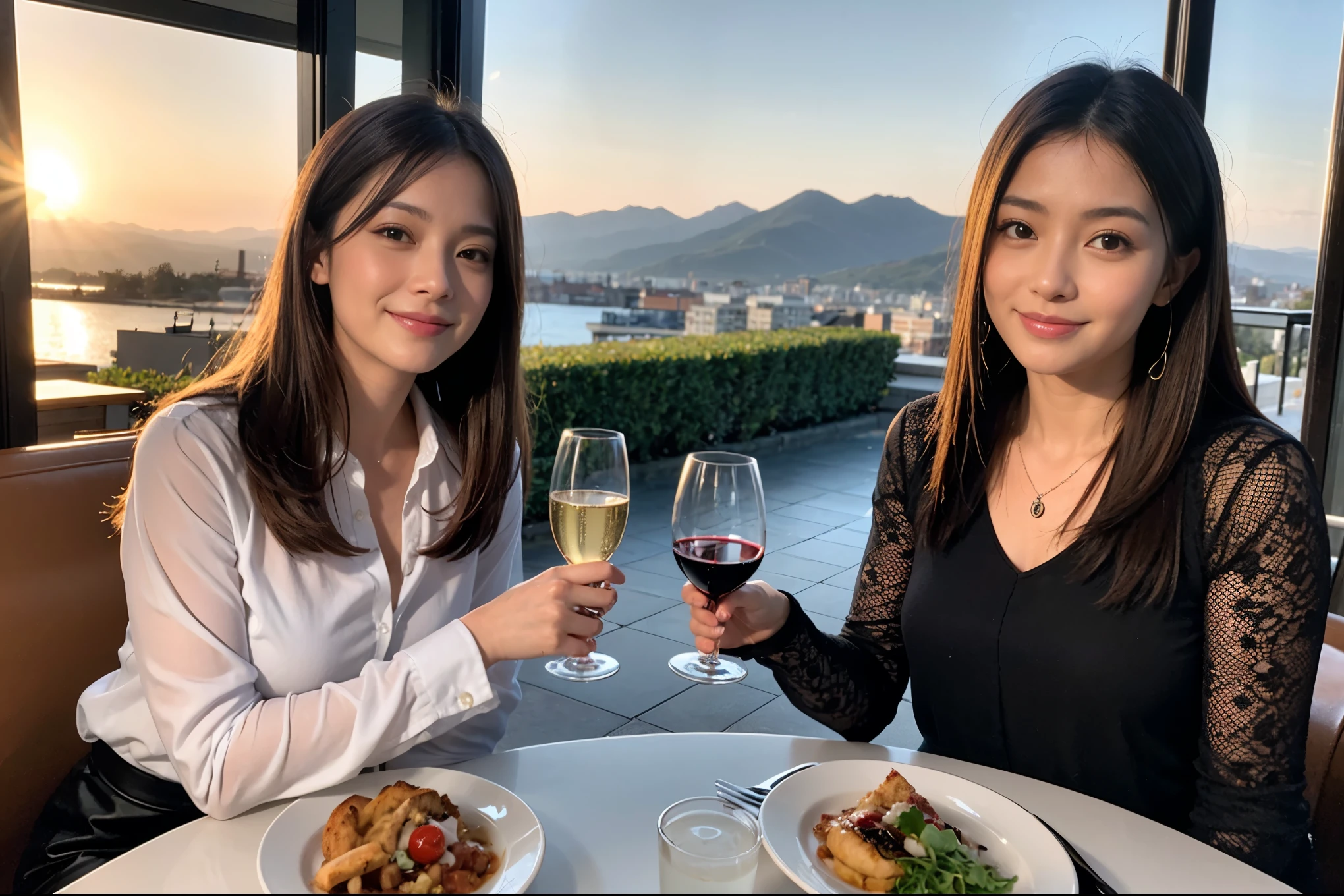 ((highest quality、8k、masterpiece:1.3))、1 male 1 female、A lover who resembles Satomi Ishihara、Beautiful couple、smile、full-course dinner、 (Slim face), (the body is スリム), (Brown Hair), (Shortcuts), ((Bob Hale、Straight hair:1.2)), テーブルの上のwine glass、Please shine a light on my face、 Amazing view of the sunset sky and clouds、Amazing mountain views、smileの美しさ、Bright image、Blushing, Shortcuts,Bright Face、 (42 years old), 39 years old, red wine 、Appetizers、Italian food、Wine bottle、Champagne、sparkling wine、Long sleeve shirt、dress、Attractive beauty、restaurant, Nova Frog Style, actress, model, Upper Body, White wine, red wine, wine glass, 
