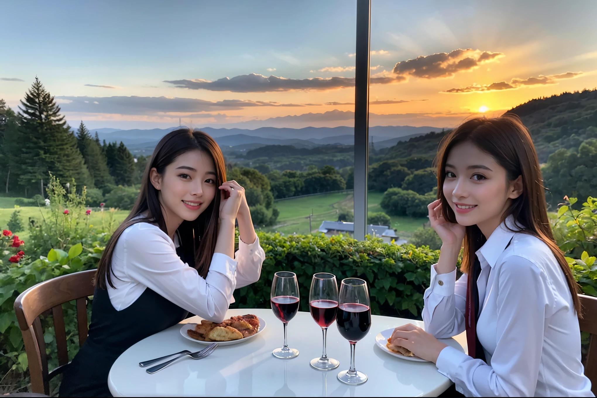 ((highest quality、8k、masterpiece:1.3))、1 male 1 female、A lover who resembles Satomi Ishihara、Beautiful couple、smile、full-course dinner、 (Slim face), (the body is スリム), (Brown Hair), (Shortcuts), ((Bob Hale、Straight hair:1.2)), テーブルの上のwine glass、Please shine a light on my face、 Amazing view of the sunset sky and clouds、Amazing mountain views、smileの美しさ、Bright image、Blushing, Shortcuts,Bright Face、 (42 years old), 39 years old, red wine 、Appetizers、Italian food、Wine bottle、Champagne、sparkling wine、Long sleeve shirt、dress、Attractive beauty、restaurant, Nova Frog Style, actress, model, Upper Body, White wine, red wine, wine glass, 
