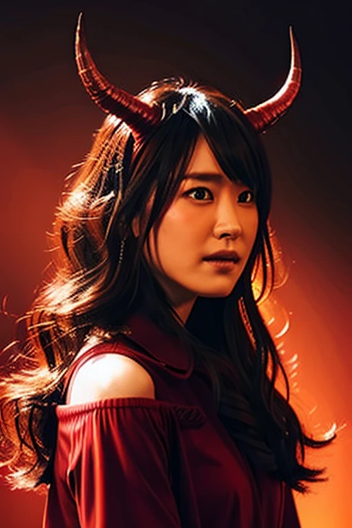 "Lilith with demon horns surrounded by fiery red light, In the dimly lit church、Surrounded by crackling lightning and swirling mist, Exudes an aura of darkness and mystery."