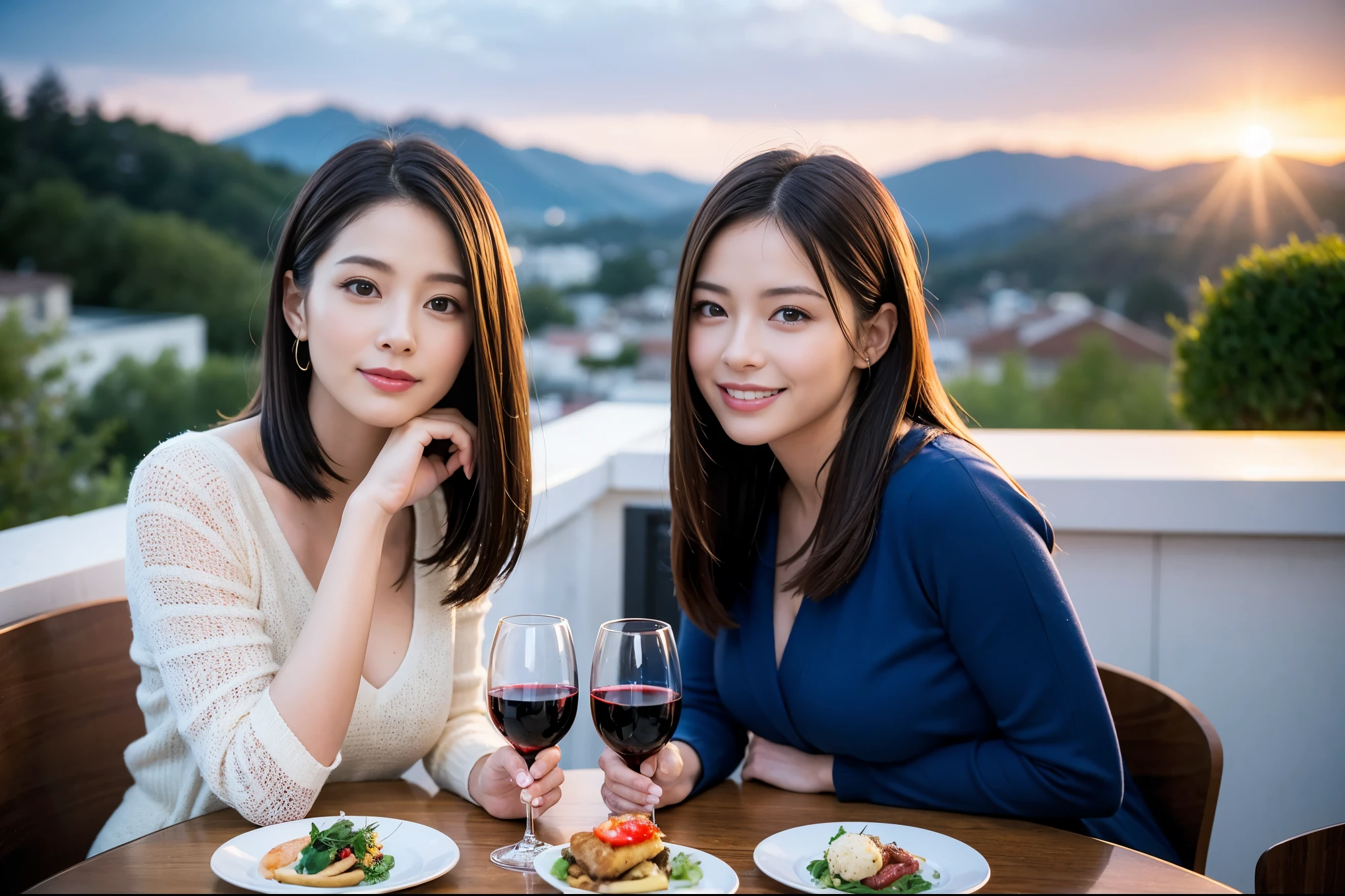 ((highest quality、8k、masterpiece:1.3))、1 male 1 female、A lover who resembles Satomi Ishihara、Beautiful couple、smile、full-course dinner、 (Slim face), (the body is スリム), (Brown Hair), (Shortcuts), ((Bob Hale、Straight hair:1.2)), テーブルの上のwine glass、Please shine a light on my face、 Amazing view of the sunset sky and clouds、Amazing mountain views、smileの美しさ、Bright image、Blushing, Shortcuts,Bright Face、 (42 years old), 39 years old, red wine 、Appetizers、Italian food、Wine bottle、Champagne、sparkling wine、Long sleeve shirt、dress、Attractive beauty、restaurant, Nova Frog Style, actress, model, Upper Body, White wine, red wine, wine glass,