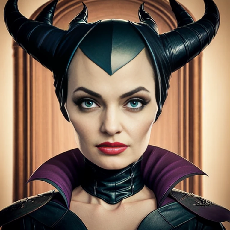 Masterpiece, best quality, detailed face, perfect eyes, Maleficent, pale skin, green eyes, black cowl, demon horns, throne behind her, looking at viewer, Sitting on a dark Throne chair. Behind her. In a dark throne room