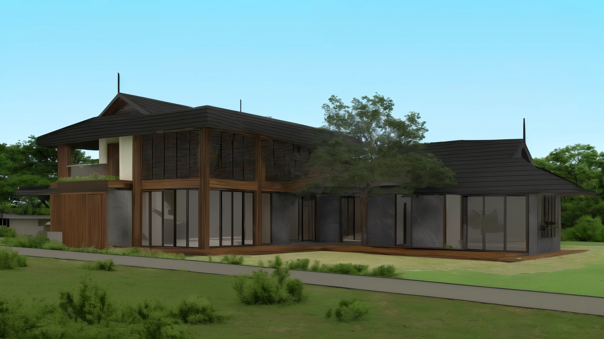 a highly realistic rendering of a house with a large front yard and a walkway, detailed rendering, pre-rendered, detailed renderings, 3/4 view, architectural render, 3 / 4 view, architectural rendering, digital rendering, a digital rendering, conceptual rendering, 3 d rendering, 3d rendering, rendering, exterior shot, detailed render, vue render, vue 3d render