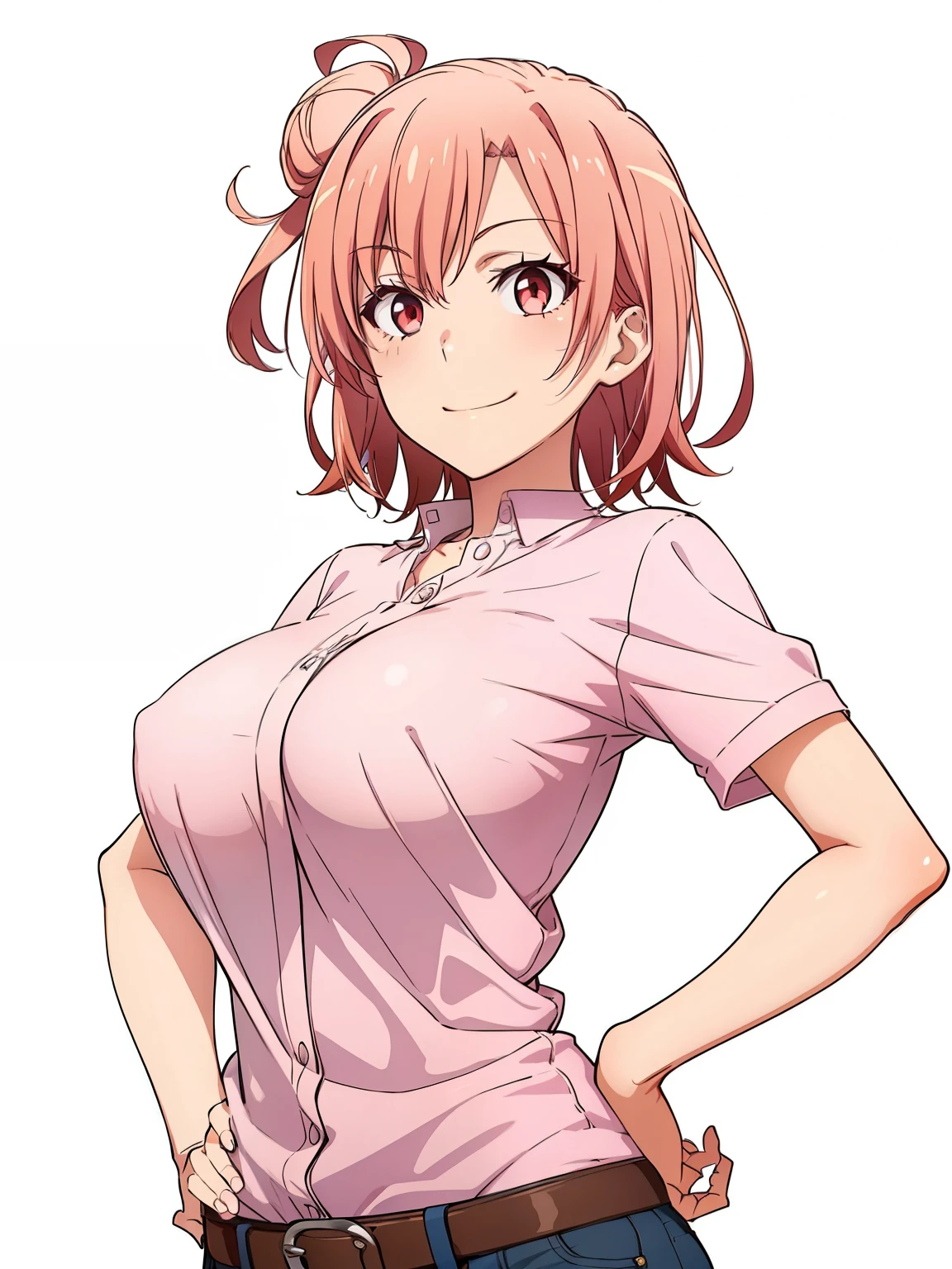 ((masutepiece, Best Quality, hight resolution, nffsw, Perfect Pixel, depth of fields, 4K, )), 1girl in, Solo, , Beautiful anime girl, Beautiful Art Style, close up, Looking at Viewer, Perfect body, Yuigahama Yui, Short hair, pink hair, hairbun, (large boob), smiling, winking, one eye open, hands on hips, blank white background, cowboy shot