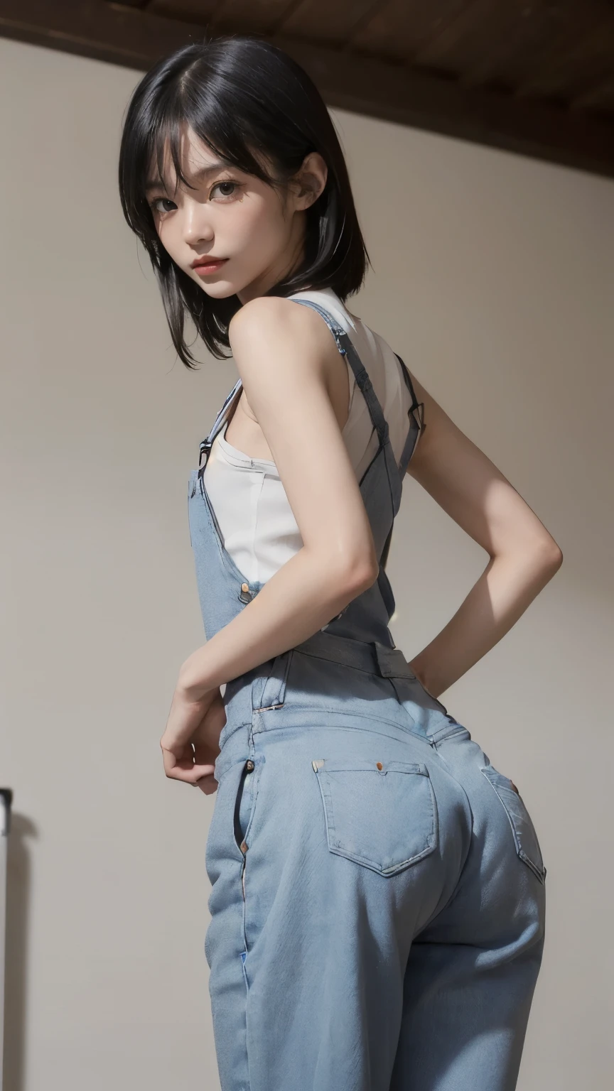 ((farm:2.0)), ((Backwards:2.0, Point your ass to the camera:2.0, Accentuate your butt:1.8)), ((White overalls:2.0)), (Clothing:2.0, White overalls:2.0, Sleeveless T-shirt:1.8, sneakers:1.5), ((farm:2.0)), ((A grin:1.2, Small breasts:1.5, slender:1.5, Small Ass:1.5)), ((Japanese, 1 Girl, 18-year-old, 7 heads, Ideal body proportions, Black Hair, With bangs, Small breasts, Erect nipples, slender, Small Ass, Beautiful feet, Skinny Legs)), Surrealism, Cinematic Lighting, Depth of written boundary, First Person View, Boobs F/1.8, 135mm, Ticker, Mastepiece, Curate, ((Anatomically correct:1.3)), Textured skin, Super Detail, High detail, High quality, Awards, Best Quality, High resolution, 8K