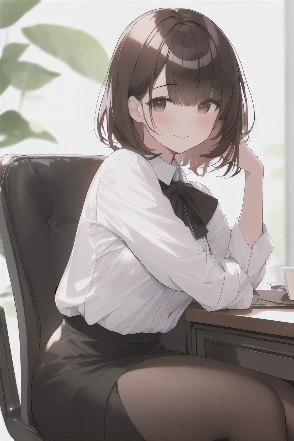 best quality, masterpiece, (solo:1.2), (1 Female:1.2)、Age 25、Larger breasts、(Slender figure)、From the side、(Sitting in a chair)、(office lady)、sheer white blouse、Black Skirt、tights、(White highlight in pupil:1.2)、Reddish brown eyes、(Black-haired:1.2)、(Medium Hair)、(View your viewers:1.2)、White skin、(blush)、(A shy smile)、(I blur the background a lot to make the woman stand out.:1.3)、(The sunlight shines in)、Beautiful flowers in the background