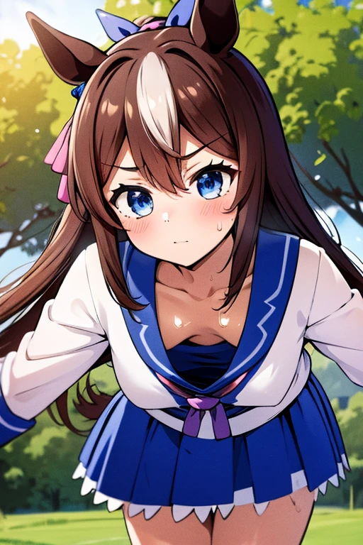 masterpiece, highest quality,4k, 8k, Super Resolution, Delicate depiction, Tokai Teio_\(Uma Musume), One Girl,Leaning forward, Sweat, Look away, shy, Slender body,Frightened face,  Cleavage, nsfw, Outdoor