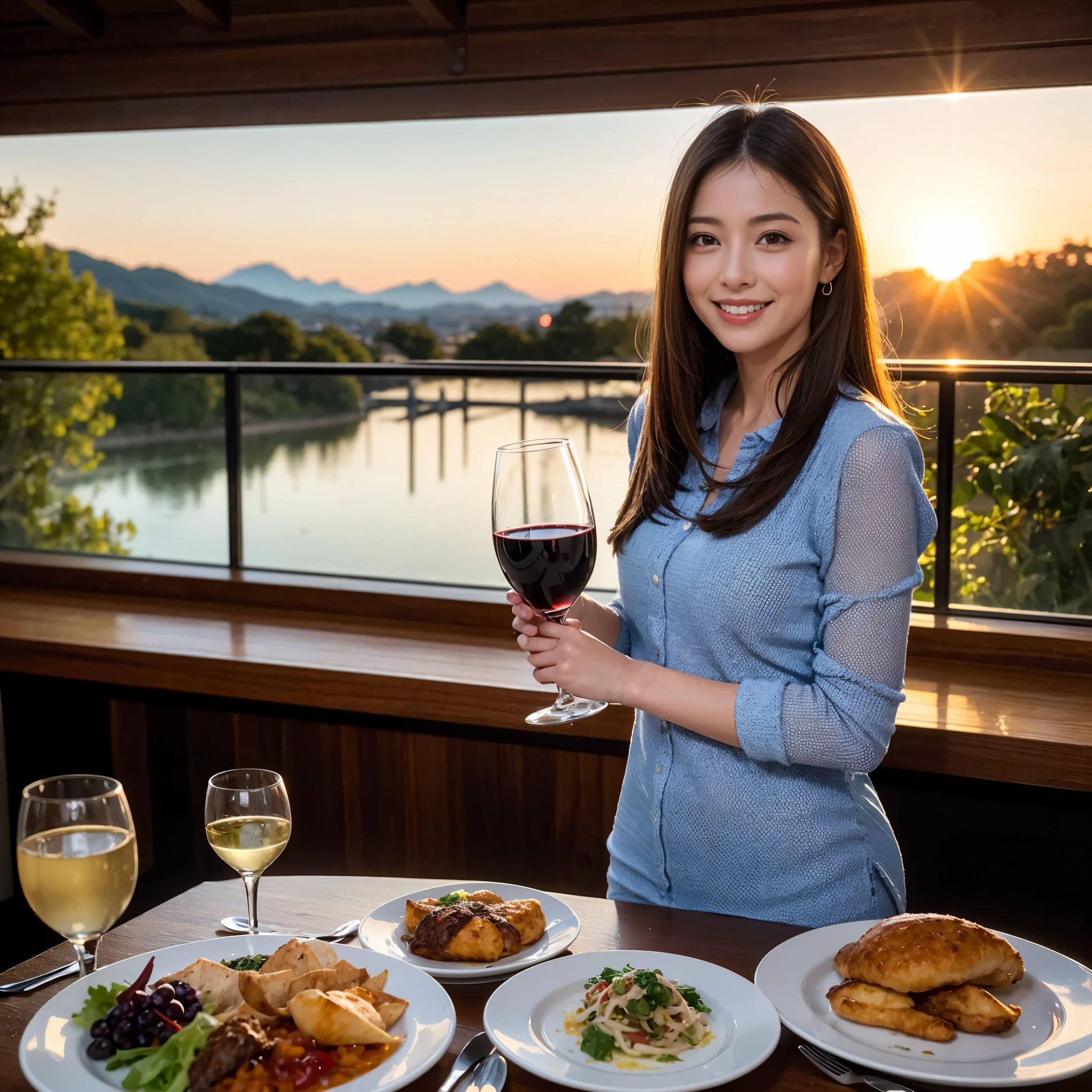 ((highest quality、8k、masterpiece:1.3))、1 male 1 female、A lover who resembles Satomi Ishihara、Beautiful couple、smile、full-course dinner、 (Slim face), (the body is ス??), (Brown Hair), (Shortcuts), ((Bob Hale、Straight hair:1.2)), テーブルの上のwine glass、Please shine a light on my face、 Amazing view of the sunset sky and clouds、Amazing mountain views、smileの美しさ、Bright image、Blushing, Shortcuts,Bright Face、 (42 years old), 39 years old, red wine 、Appetizers、Italian food、Wine bottle、Champagne、sparkling wine、Long sleeve shirt、dress、Attractive beauty、restaurant, Nova Frog Style, actress, model, Upper Body, White wine, red wine, wine glass,