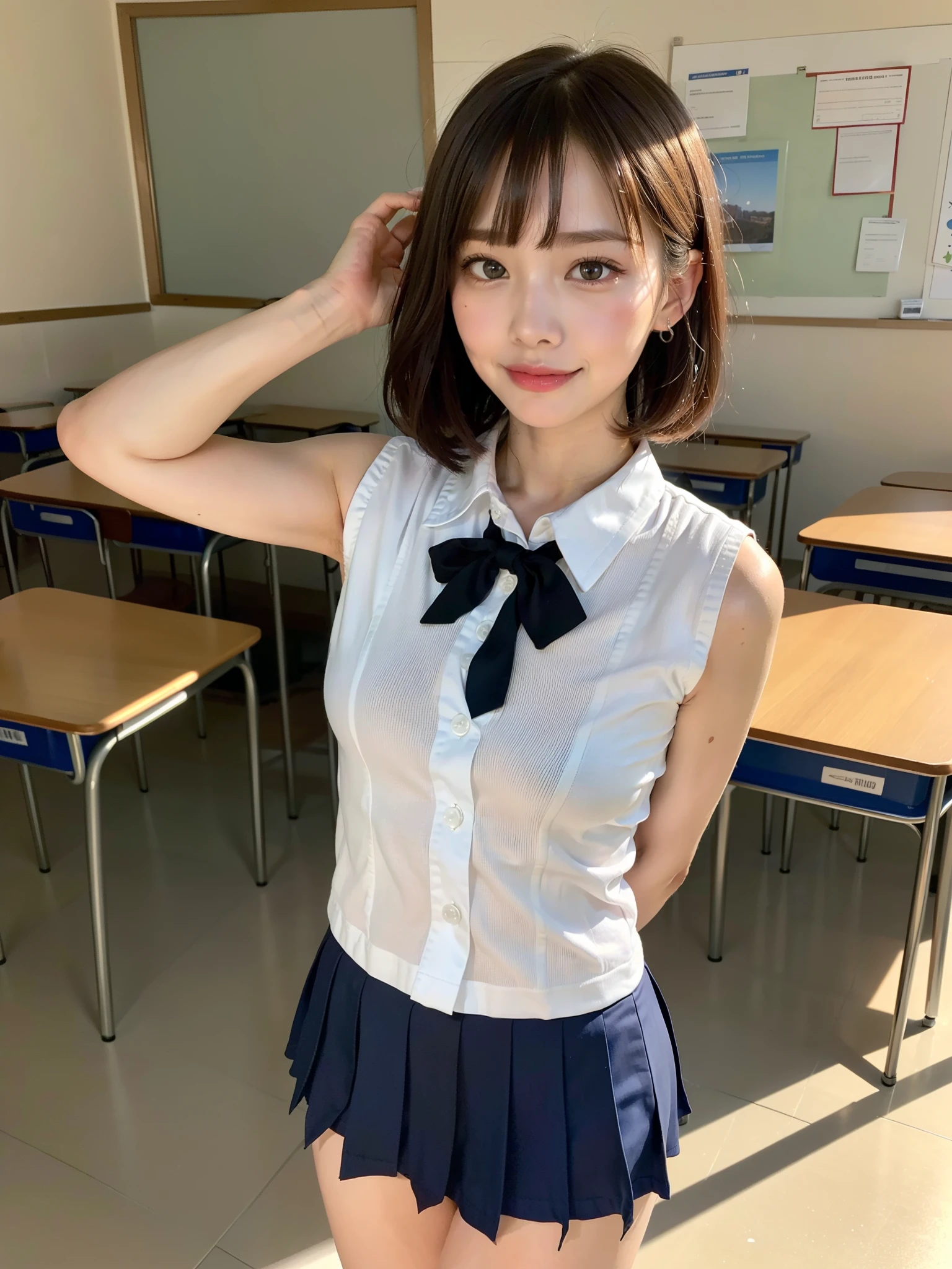 ((Best of the highest quality, 8k, Masterpiece: 1.3, raw photo)), Sharp focus: 1.2, (1 AESPA, slim body type female, 21 y/o: 1.1), (Solo: 1.2), (realistic, photo-realistic:1.37), face focus, cute face, finely eyes, (droopy eyes: 1.32), (Emphasize prominent aegyo-sal with bright: 1.2), shimmering eyeshadow applied under the lower lash line, paired with thick, (from behind: 1.1), (small breasts, flat chest, Thigh: 1.3), (short messy bob, bangs: 1.28), (sleeveless shirt of school uniform, panties: 1.32), (ribbon: 1.2), walking terrace office, sun light, flower, arms up,