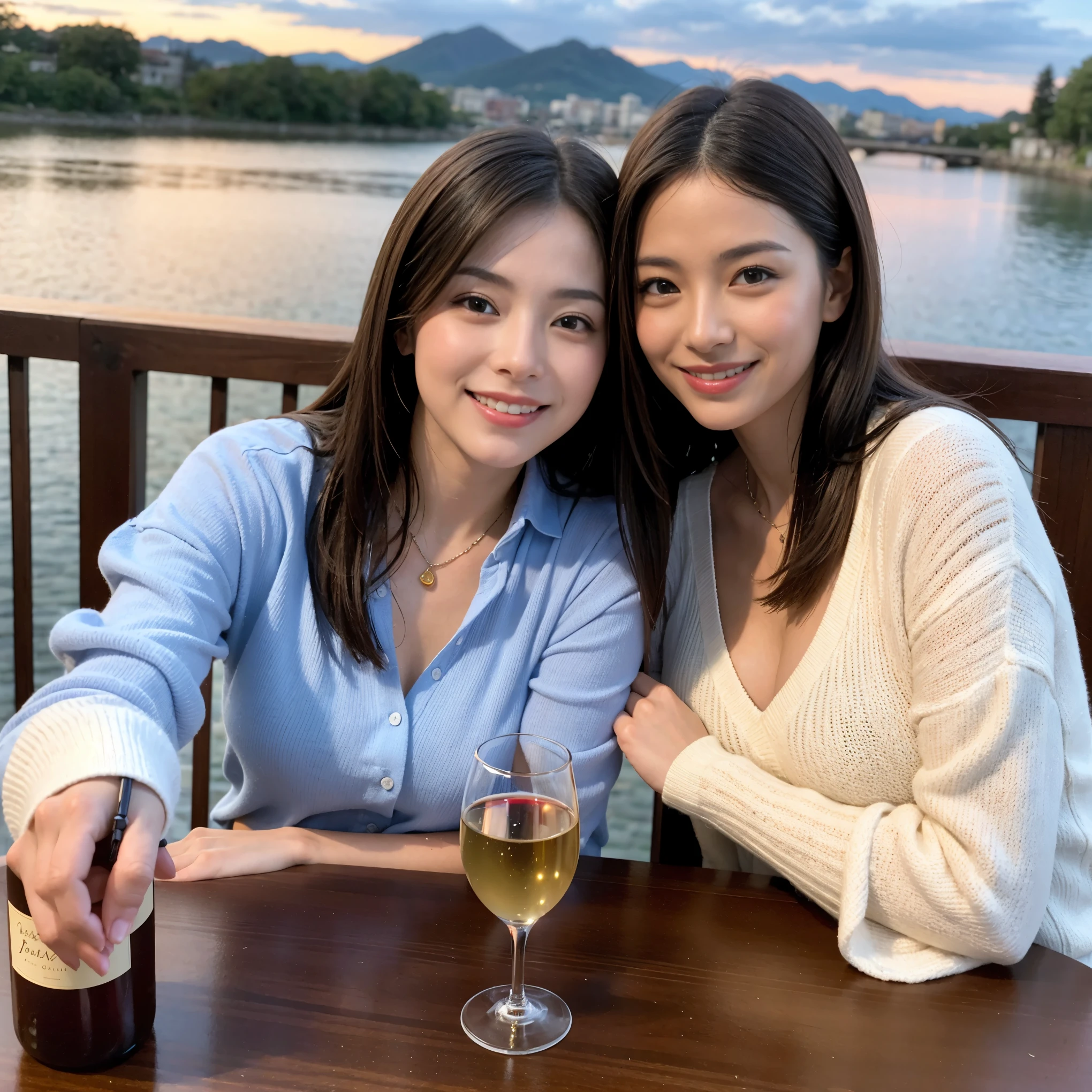 ((highest quality、8k、masterpiece:1.3))、1 male 1 female、A lover who resembles Satomi Ishihara、Beautiful couple、smile、full-course dinner、 (Slim face), (the body is スリム), (Brown Hair), (Shortcuts), ((Bob Hale、Straight hair:1.2)), テーブルの上のwine glass、Please shine a light on my face、 Amazing view of the sunset sky and clouds、Amazing mountain views、smileの美しさ、Bright image、Blushing, Shortcuts,Bright Face、 (42 years old), 39 years old, red wine 、Appetizers、Italian food、Wine bottle、Champagne、sparkling wine、Long sleeve shirt、dress、Attractive beauty、restaurant, Nova Frog Style, actress, model, Upper Body, White wine, red wine, wine glass, 