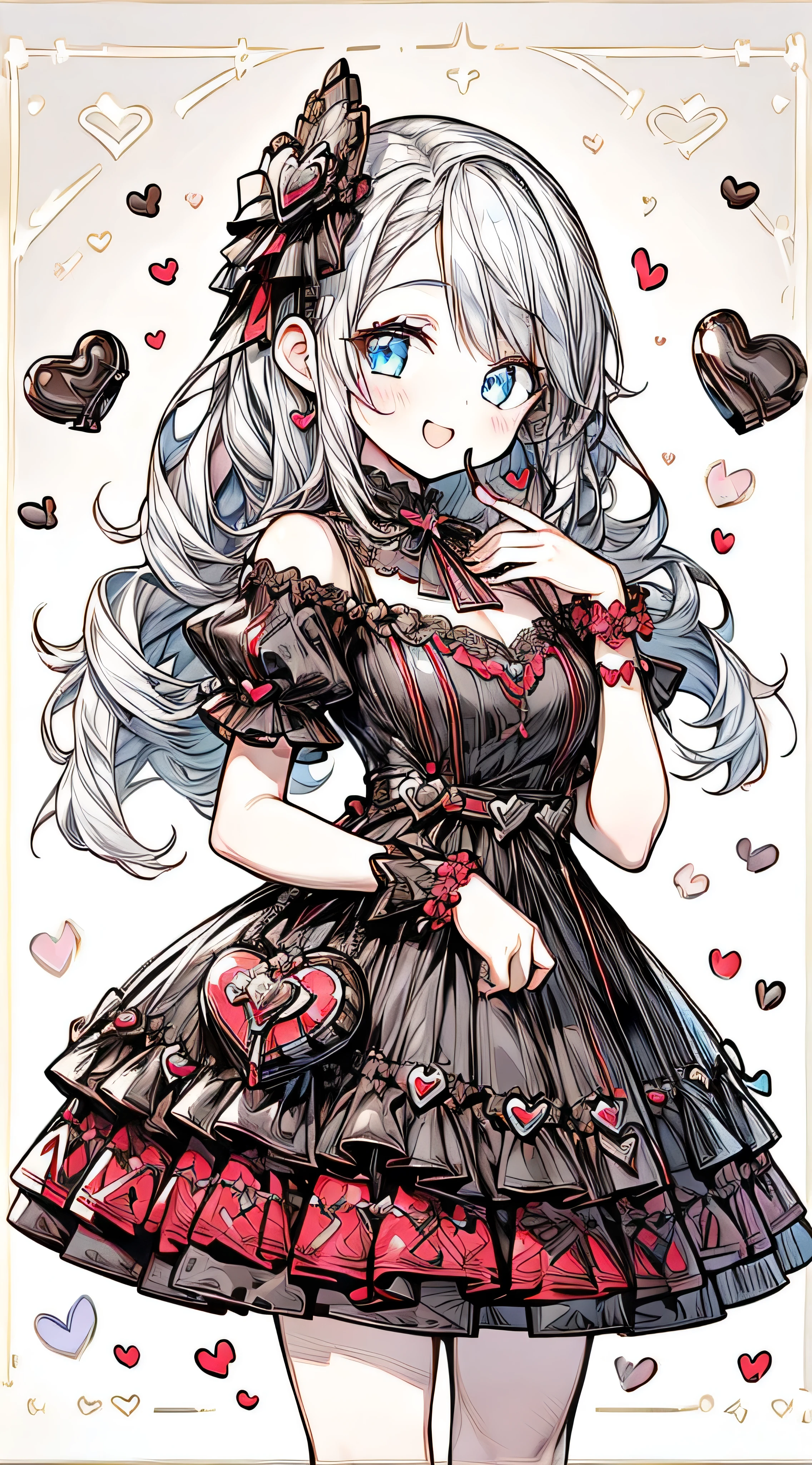 (((32k))), (16k), (8k), (4k), (((32k heart background))), (((Pretty girl))), (((cute girl))), (beautiful quality eyes), (cute smile), (((dress))), (valentine), ((holding heart chocolate)), 