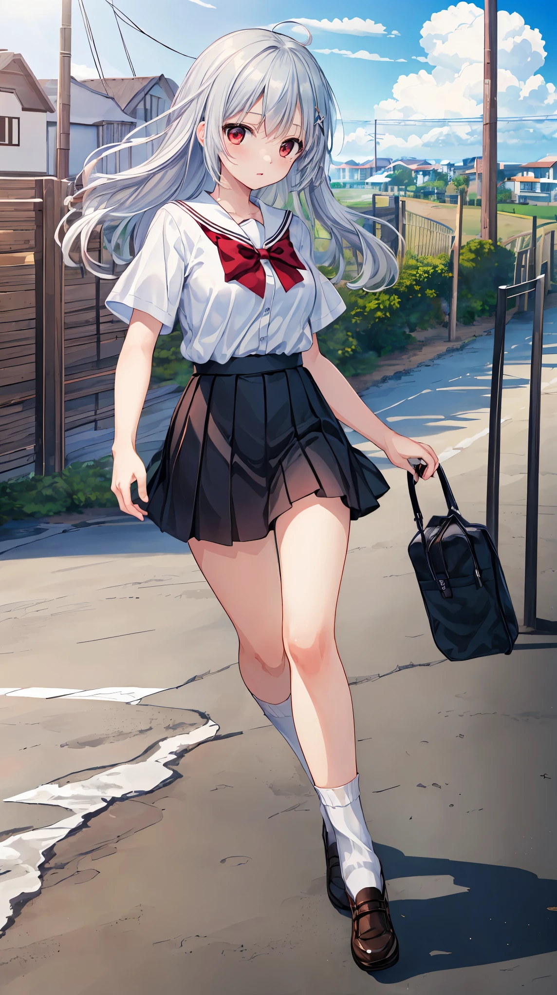 ((masterpiece)), ((highest quality)), ((High resolution)), ((Highly detailed CG Unity 8k wallpaper)), alone, tachibana kanade, Brown uniform, Black Skirt, White socks, Outdoor, face, Beach, Hanging hair, Parted hair, Silver Hair, 笑face, 