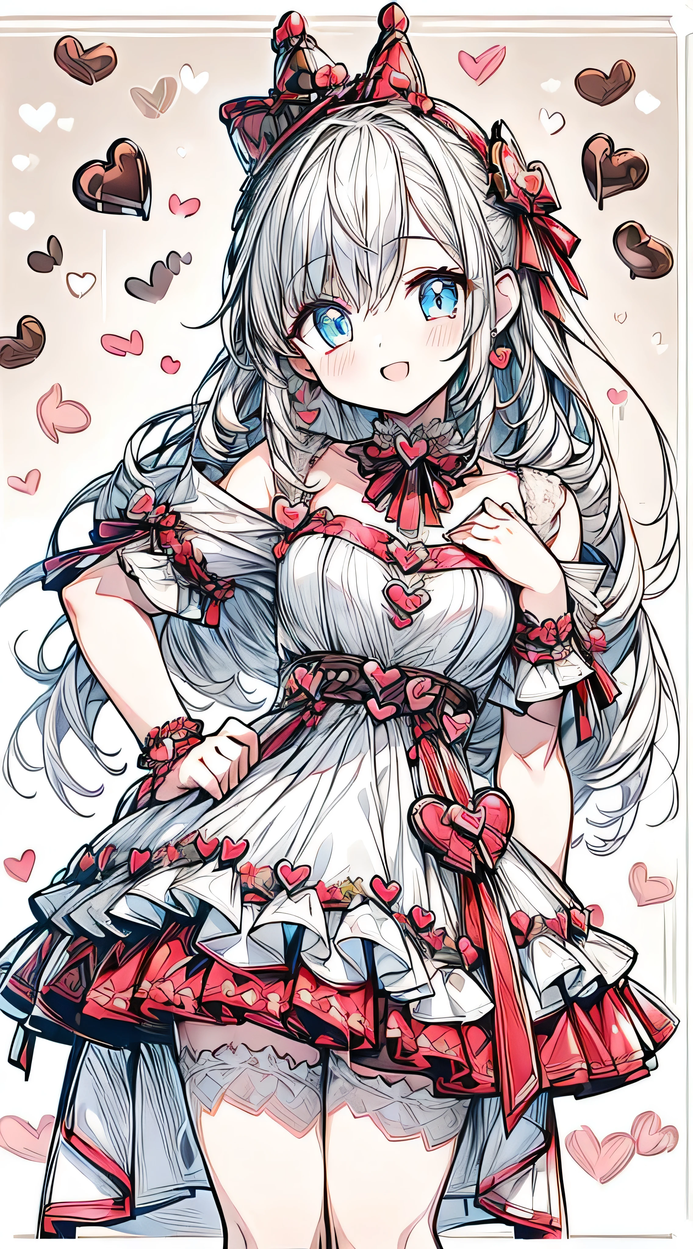 (((32k))), (16k), (8k), (4k), (((32k heart background))), (((Pretty girl))), (((cute girl))), (beautiful quality eyes), (cute smile), (((dress))), (valentine), ((holding heart chocolate)),