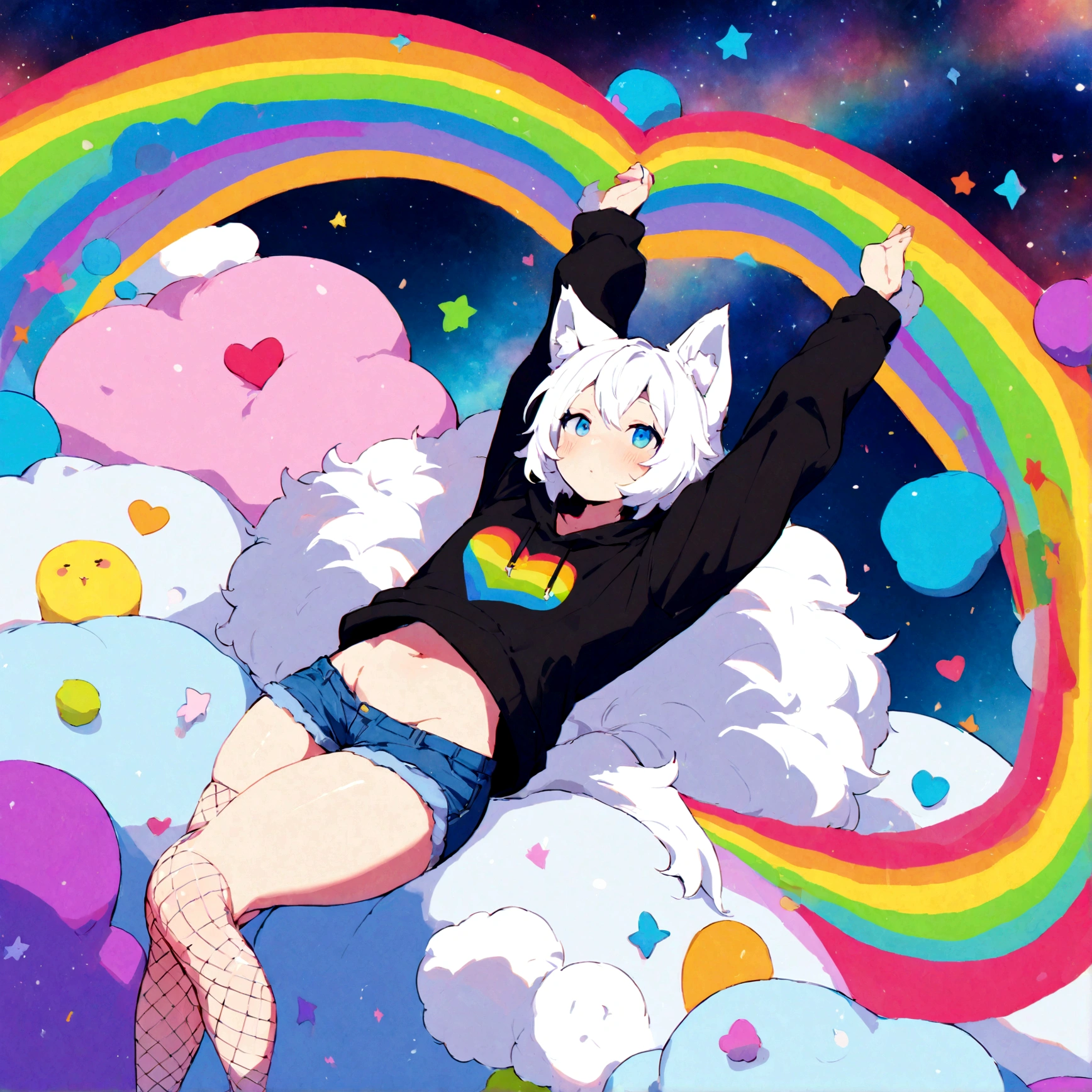 a cute adult male with wolf ears, white hair, has a wolf tail, wearing a loose cropped oversized black hoodie, wearing a pair of denim short shorts and fishnet stockings, thick thighs, wide hips, relaxing on mound of fluffy multi colored kawaii plushies, short, very slim, showing slender tummy, stretching out, heart on hoodie, squishy thighs, has glowing blue eyes. alone, solo (ALONE)(SOLO), surrounded by rainbows, colorful galaxy backround