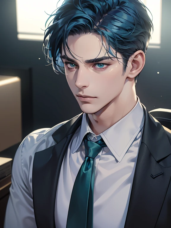 (best quality, masterpiece, 8K, photorealistic, cinematic lighting, hdr image, ultra detailed, beautiful image), 1 man, 31 years old, mature man, very handsome, (without expression, serious), short blue hair, green eyes ( penetrating gaze), imposing posture, businessman, office background