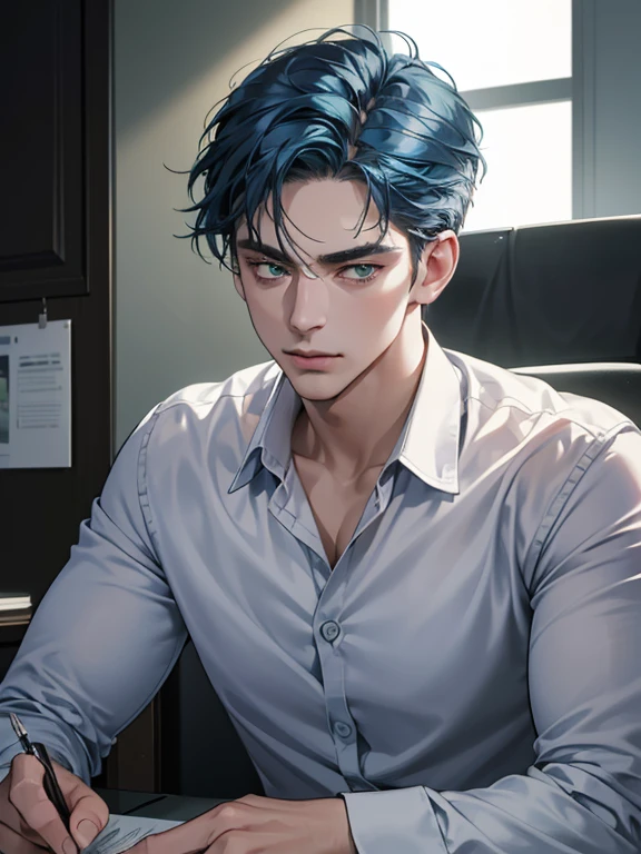 (best quality, masterpiece, 8K, photorealistic, cinematic lighting, hdr image, ultra detailed, beautiful image), 1 man, 31 years old, mature man, very handsome, (without expression, serious), short blue hair, green eyes ( penetrating gaze), imposing posture, businessman, office background