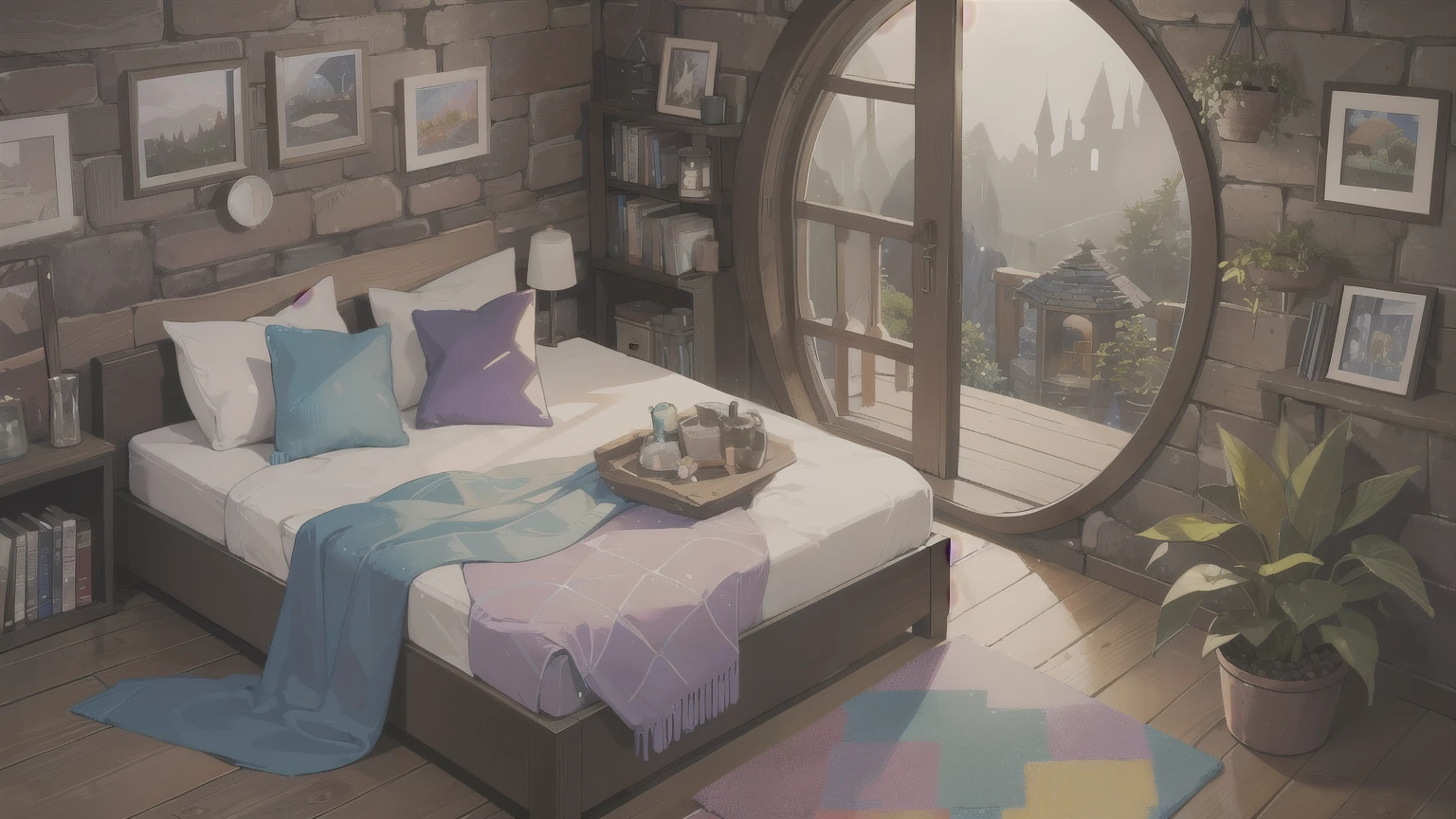 (Best quality), (Masterpiece), a cozy hobbit's cottage shelter in a low Cave with a Colorful gravel Fireplace, outside a large window Glass Door on one wall with a rainy landscape, a room with colorful gravel Round bricks, a mysterious and fairy-tale atmosphere, vases and plants, a fluffy wool Blanket on the floor, ladder bed