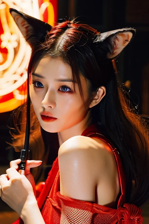 "Lilith with fox ears and nine tails, surrounded by a fiery red glow, In the dimly lit church、Surrounded by crackling lightning and swirling mist, Exudes an aura of darkness and mystery."