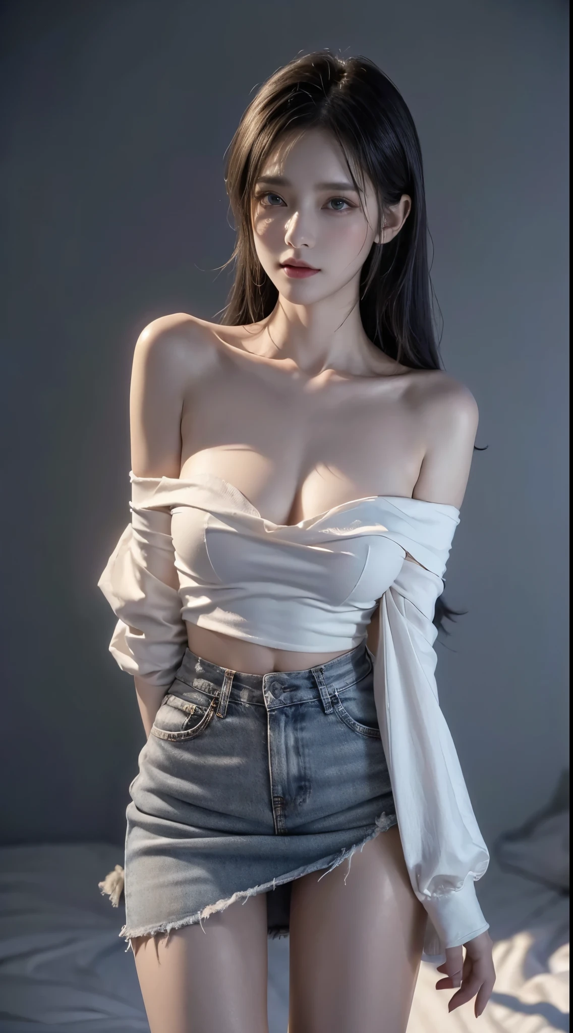 spliteddenimskirt, ((cowboy shot)), ((Bare shoulder)), ((Short hemlines, sexy long legs)), ((Elegant and charming posture, random view shots)), realistic detailed photo of a giant breasted girl with exposed shoulders, detailed fingers, high quality skin, red eyes, alone in a winter scene with clouds, wind, and flowing hair, (best quality,4k,8k,highres,masterpiece:1.2),ultra-detailed,(realistic,photorealistic,photo-realistic:1.37),studio lighting,vivid colors