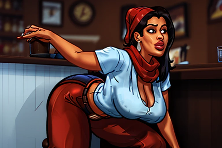 Denise Milani, pele escura, Sozinho, cabelo castanho, red scarf, white pinstripe stripe button shirt, Brown pants, curvado sobre uma mesa de sinuca, muitos clientes do bar olhando, olhando de volta para o visualizador