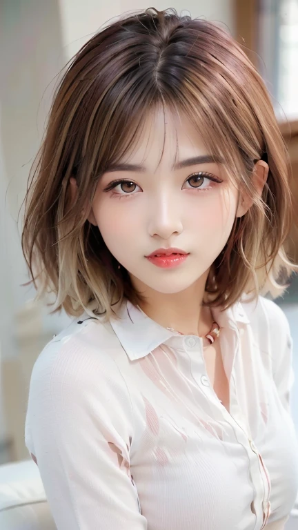 (Top quality masterpiece:1.2) Delicate illustrations, Very detailed, /Beautiful Japanese Woman、1 person,Very cute and slim、Great style 、((8k images、super high quality))、Very delicate face, beautifule forehead、Big Breasts、Bright red lipstick,((((((((Mid-length hair、Light blonde)))))))),very cute、A kind smile、Kind eyes,((((White Shirt))))