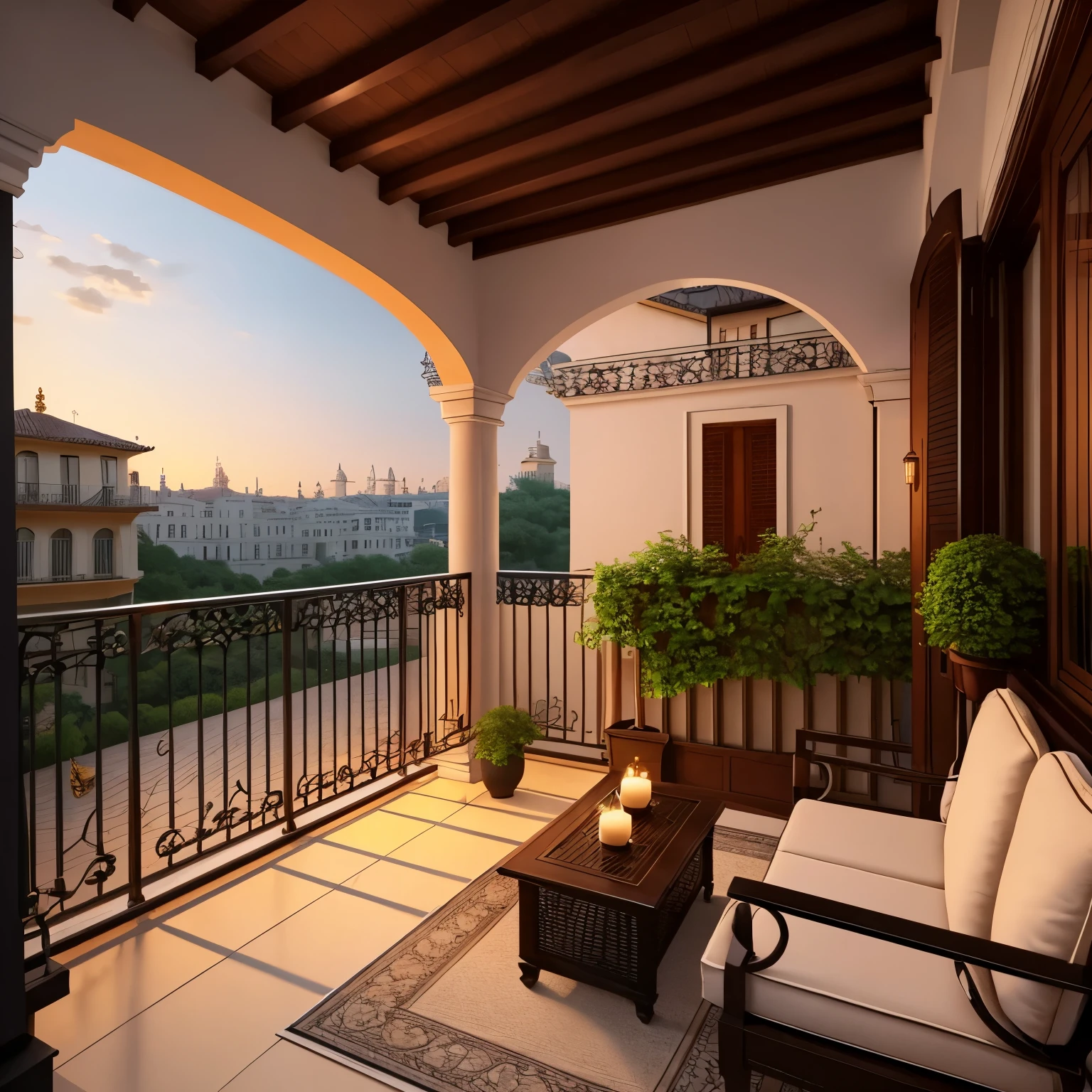 (((((Small balcony in European style mansion))))),There is a cool breeze,Surrounded by railings,Scenes,无人的Scenes,beautiful,sav art,in the evening,European,on the balcony