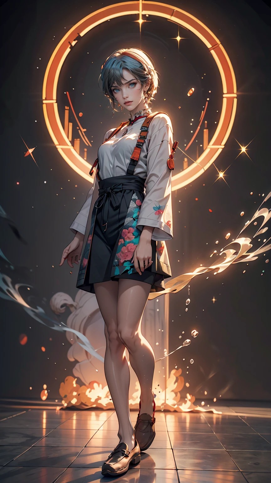 A masterpiece portrait of smiling Rei Ayanami (Evangelion), Evangelion (Hideaki), Caustics, High resolution illustrations, Red eyes, feminine, No students, Blue Hair, short hair, Japanese , loafers, Spank, Synthwave, paint Splashs, Shaded flat illustration, Digital Art, Trending on Art Station, Very detailed, The finer details, complicated, Splash, Overtake, Vaporware, Neon color