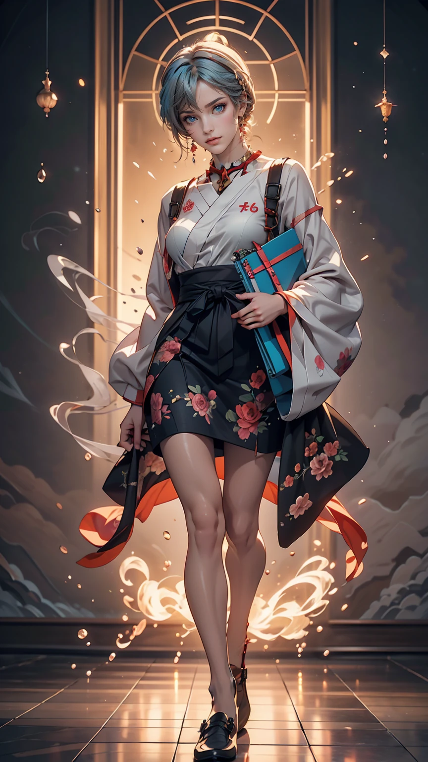 A masterpiece portrait of smiling Rei Ayanami (Evangelion), Evangelion (Hideaki), Caustics, High resolution illustrations, Red eyes, feminine, No students, Blue Hair, short hair, Japanese , loafers, Spank, Synthwave, paint Splashs, Shaded flat illustration, Digital Art, Trending on Art Station, Very detailed, The finer details, complicated, Splash, Overtake, Vaporware, Neon color