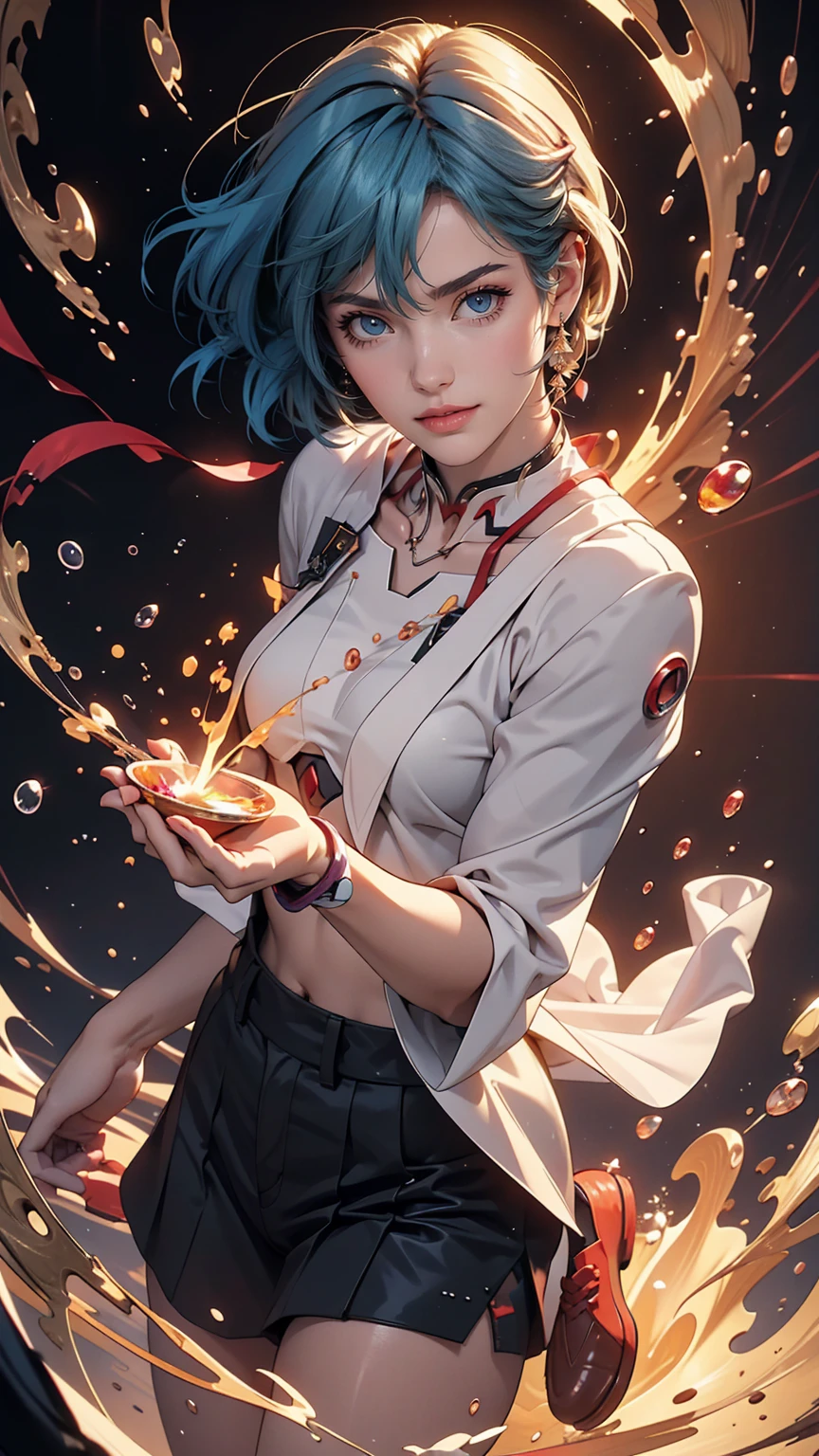 A masterpiece portrait of smiling Rei Ayanami (Evangelion), Evangelion (Hideaki), Caustics, High resolution illustrations, Red eyes, feminine, No students, Blue Hair, short hair, Japanese , loafers, Spank, Synthwave, paint Splashs, Shaded flat illustration, Digital Art, Trending on Art Station, Very detailed, The finer details, complicated, Splash, Overtake, Vaporware, Neon color