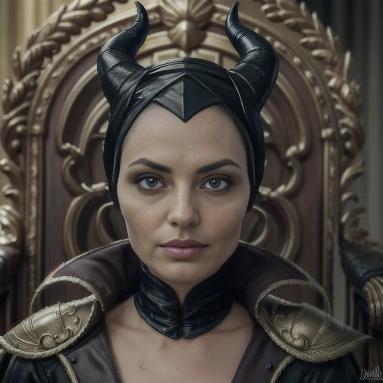 Masterpiece, best quality, detailed face, perfect eyes, Maleficent, pale skin, green eyes, black cowl, demon horns, throne behind her, looking at viewer, Sitting on a dark Throne chair. Behind her. In a dark throne room