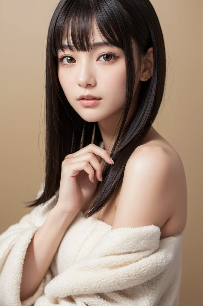 (High resolution:1.3), (16k, Photorealistic, Raw photo, Best image quality: 1.4), Japanese, (One Girl), Beautiful Face, (A vivid face), (Black-haired、short hair:1.3、bangs:1.2), Beautiful Hairstyles, Realistic eyes, Beautifully detailed eyes, (Realistic Skin), Beautiful skins, attractive, 超A high resolution, Surreal, High detail, Golden Ratio, Highly detailed cute girl,(20-year-old), Fur trim:1.3