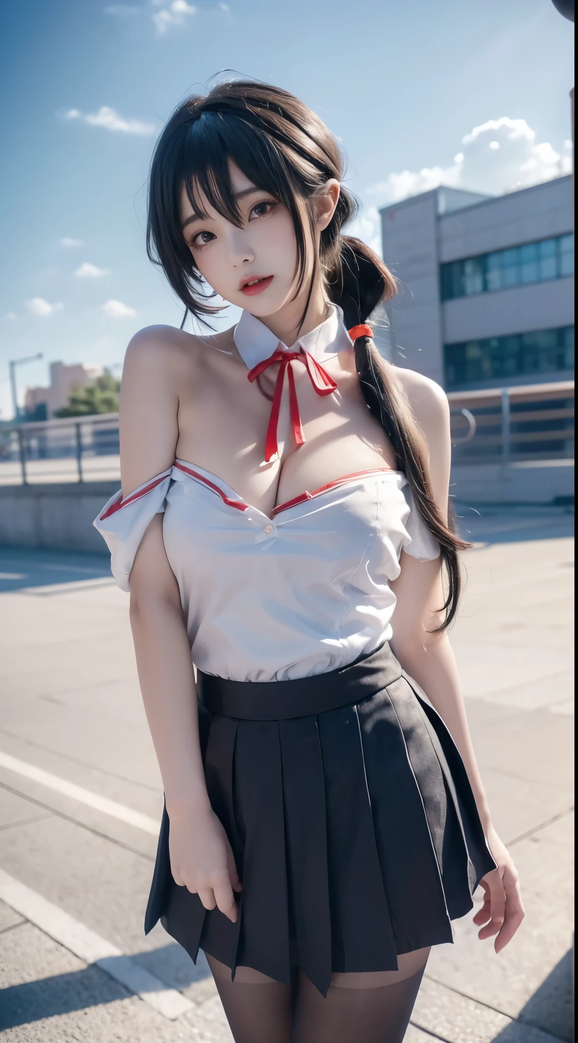 tokisaki kurumi,sobu high ,cosplay,, blazer, collared shirt, neck ribbon, pleated skirt, pantyhose, hair rings, loafers,hair over one eye, low twintails, ((cowboy shot)), ((Bare shoulder)), ((Short hemlines, sexy long legs)), ((Elegant and charming posture, random view shots)), realistic detailed photo of a giant breasted girl with exposed shoulders, detailed fingers, high quality skin, red eyes, alone in a winter scene with clouds, wind, and flowing hair, (best quality,4k,8k,highres,masterpiece:1.2),ultra-detailed,(realistic,photorealistic,photo-realistic:1.37),studio lighting,vivid colors