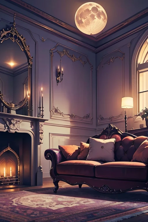 Interior, victorian Manor with reliquies, (((Nigth))), (((moonligth enters the living room))) soft pale orange palette, soft violet secundary exterior ligth