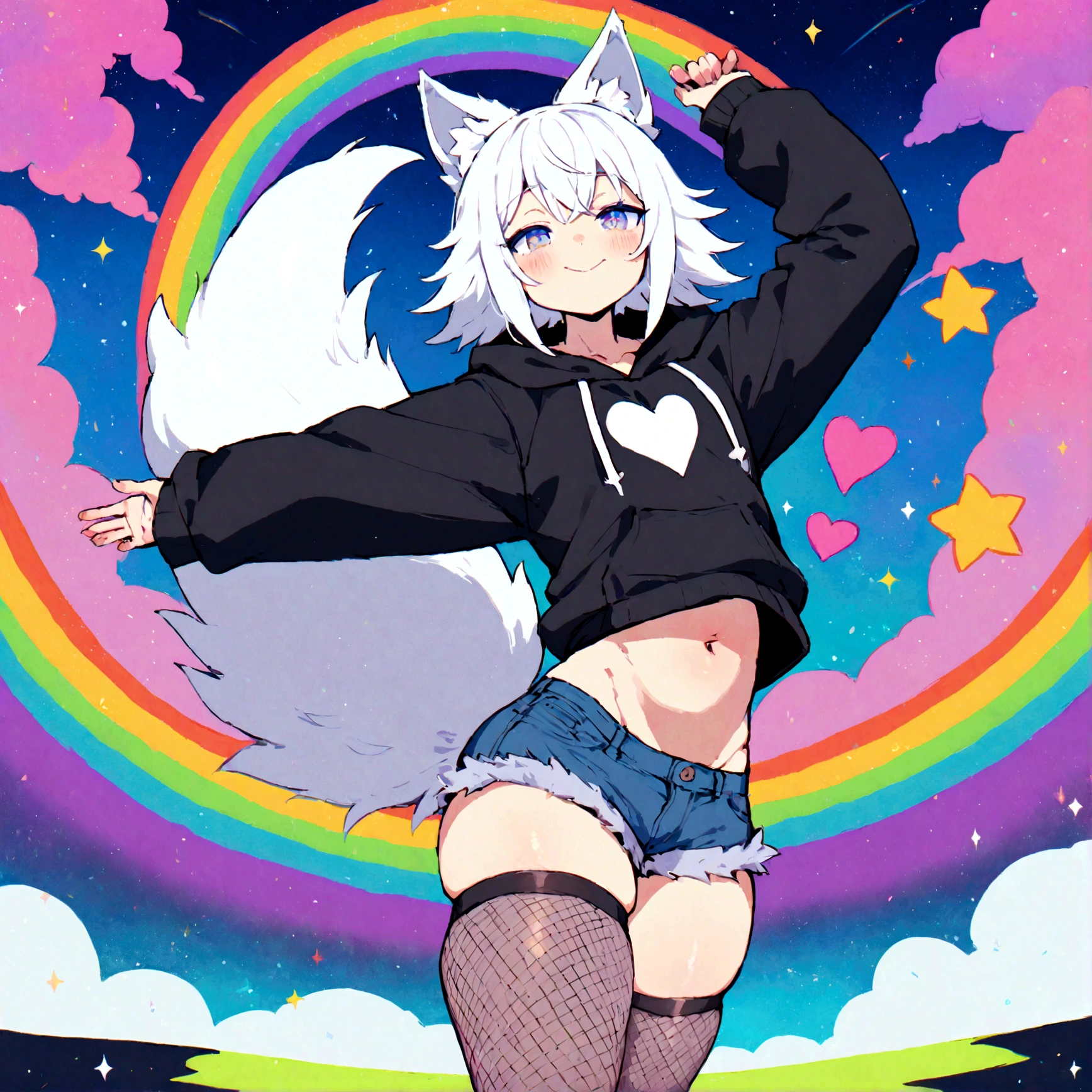 a cute adult male with wolf ears, white hair, has a wolf tail, wearing a loose cropped oversized black hoodie, wearing a pair of denim short shorts and thigh high fishnet stockings, thick thighs, wide hips, relaxing on mound of fluffy multi colored kawaii plushies, short, very slim, showing slender tummy, stretching out, heart on hoodie, squishy thighs, has glowing blue eyes. alone, solo (ALONE)(SOLO), surrounded by rainbows, colorful galaxy backround, wipe opened mouth smile