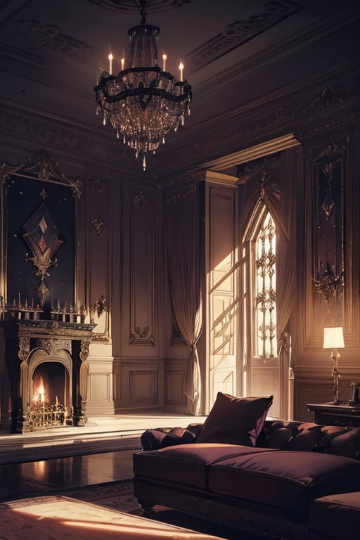 Interior, victorian Manor with reliquies, (((Nigth))), (((moonligth enters the living room))) soft pale orange palette, soft violet secundary exterior ligth 