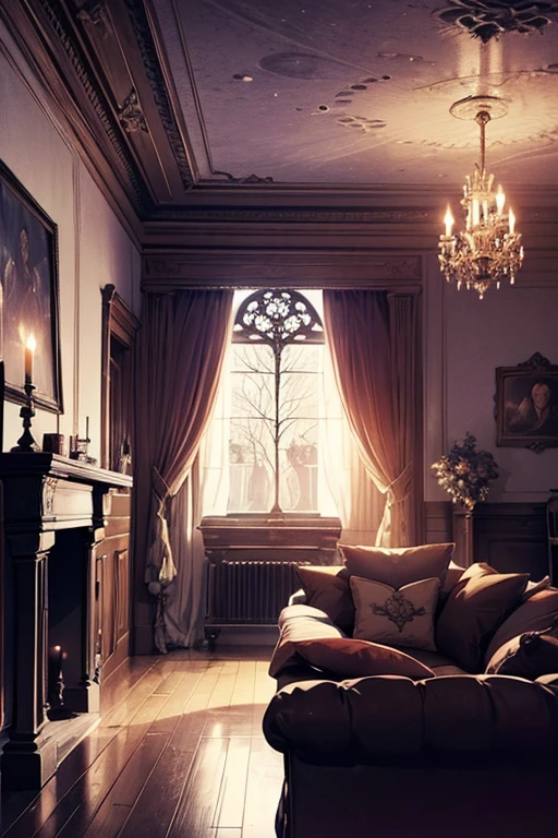 Interior, victorian Manor with reliquies, (((Nigth))), (((moonligth enters the living room))) soft pale orange palette, soft violet secundary exterior ligth 