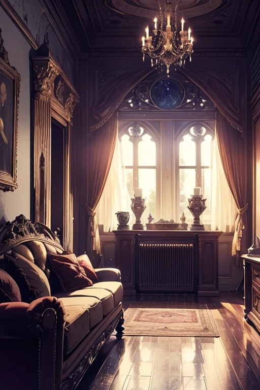 Interior, victorian Manor with reliquies, (((Nigth))), (((moonligth enters the living room))) soft pale orange palette, soft violet secundary exterior ligth